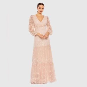Mac Duggal Sequined Tiered Wrap Over Puff Sleeve Gown 9197